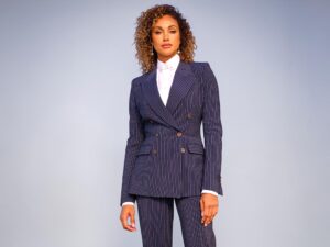 Broekpak vrouw zakelijk blauw streep