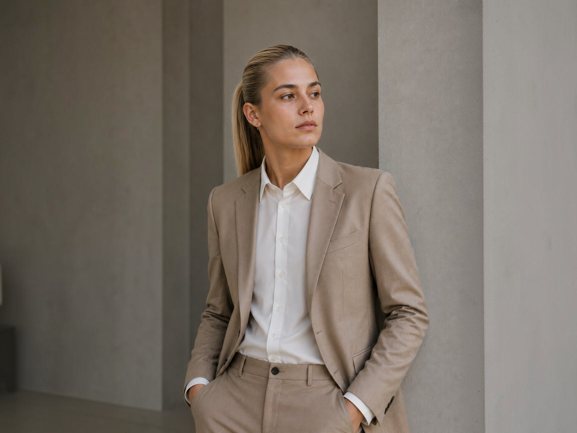Gender neutraal pak op maat in lichte kleur beige