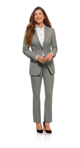 31  Grijs damesmaatkostuum met vrouewlijk en zakelijke snit gemaakt van soeplevallende niet klreukende stof