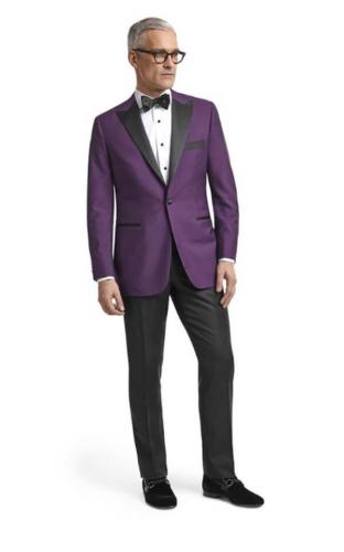 Paars dinnerjacket, smoking colbert met zwart zijde accenten en zwarte smoking pantalon