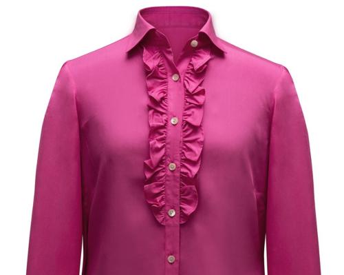 Roze vrouwelijke feestelijke blouse met rushes gemaakt van satijn zijde