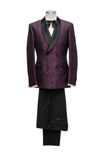 Smoking op maat gemaakt van bordeaux rode stof met zijden sjaalkraag (1)