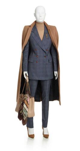 Vrouwelijk zakelijk broekpak in blauw ruit 