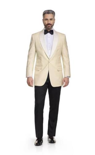 Wit smoking colbert met sjaalkraag en zwarte smoking pantalon  gemaakt van super 140 S Holland and Sherry Royal Mile 1976