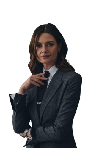 Zakelijk pak op maat vrouw met stropdas