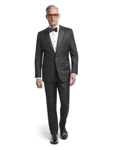 Zwarte smoking met dinnerjacket gemaakt van subtiel glanzende Holland and Sherry  wol